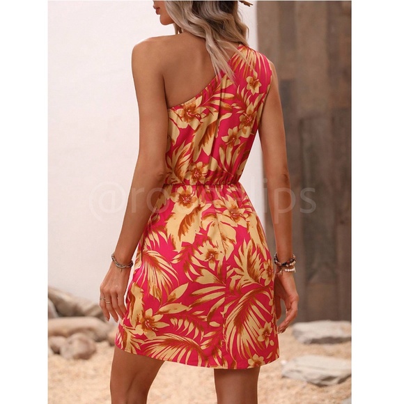 One Shoulder Floral Print on Pink Yellow Mini Dress Tie Side Overlapping Skirt - Picture 4 of 8